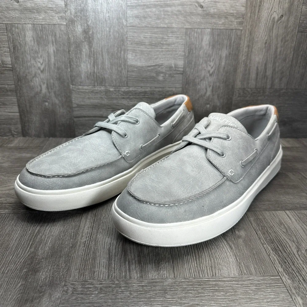 Nautica Boat Shoes Mens 13 Grey Faux Leather Nautical Casual Sneakers NEW